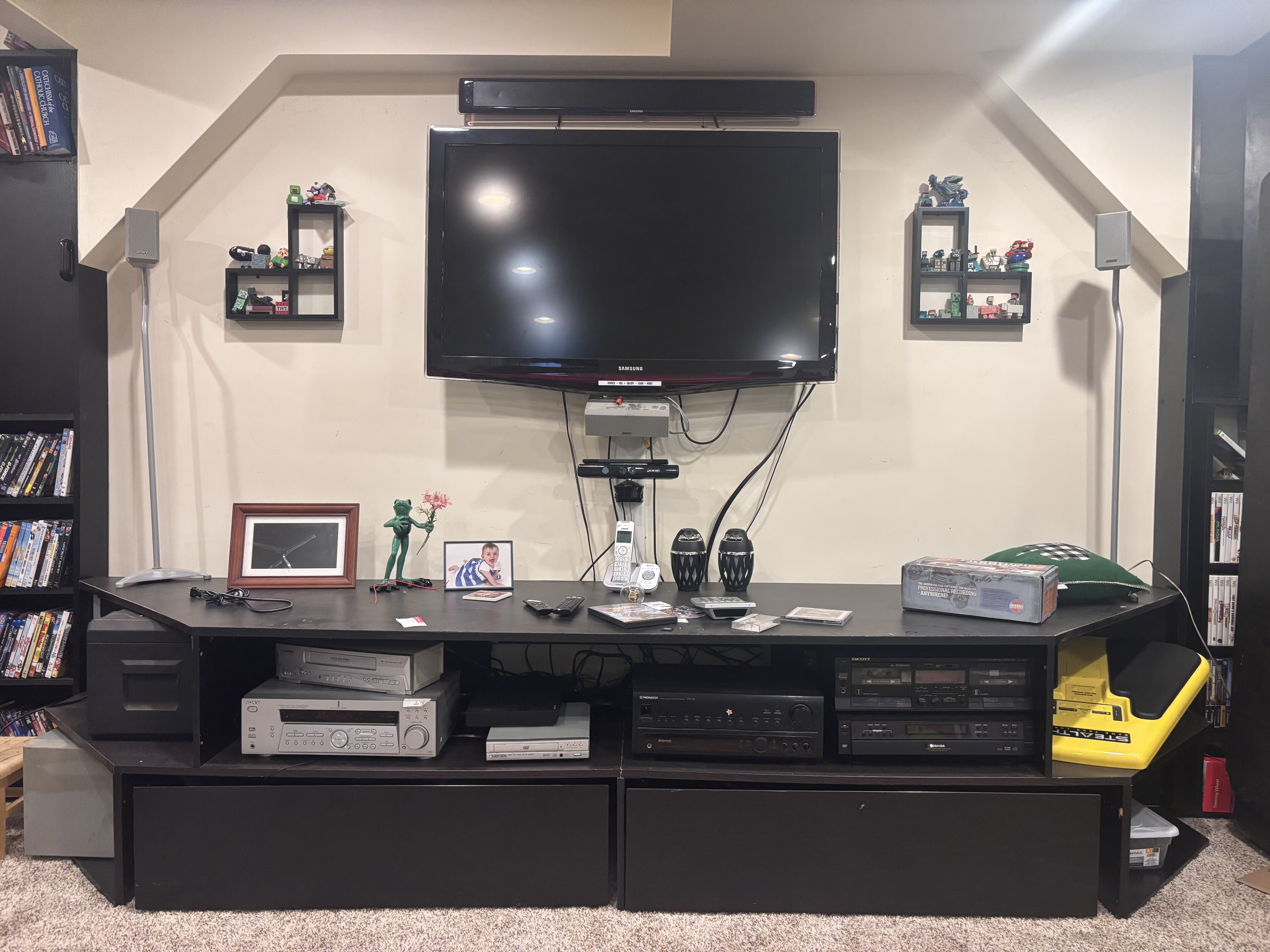 Front view of completed basement entertainment center