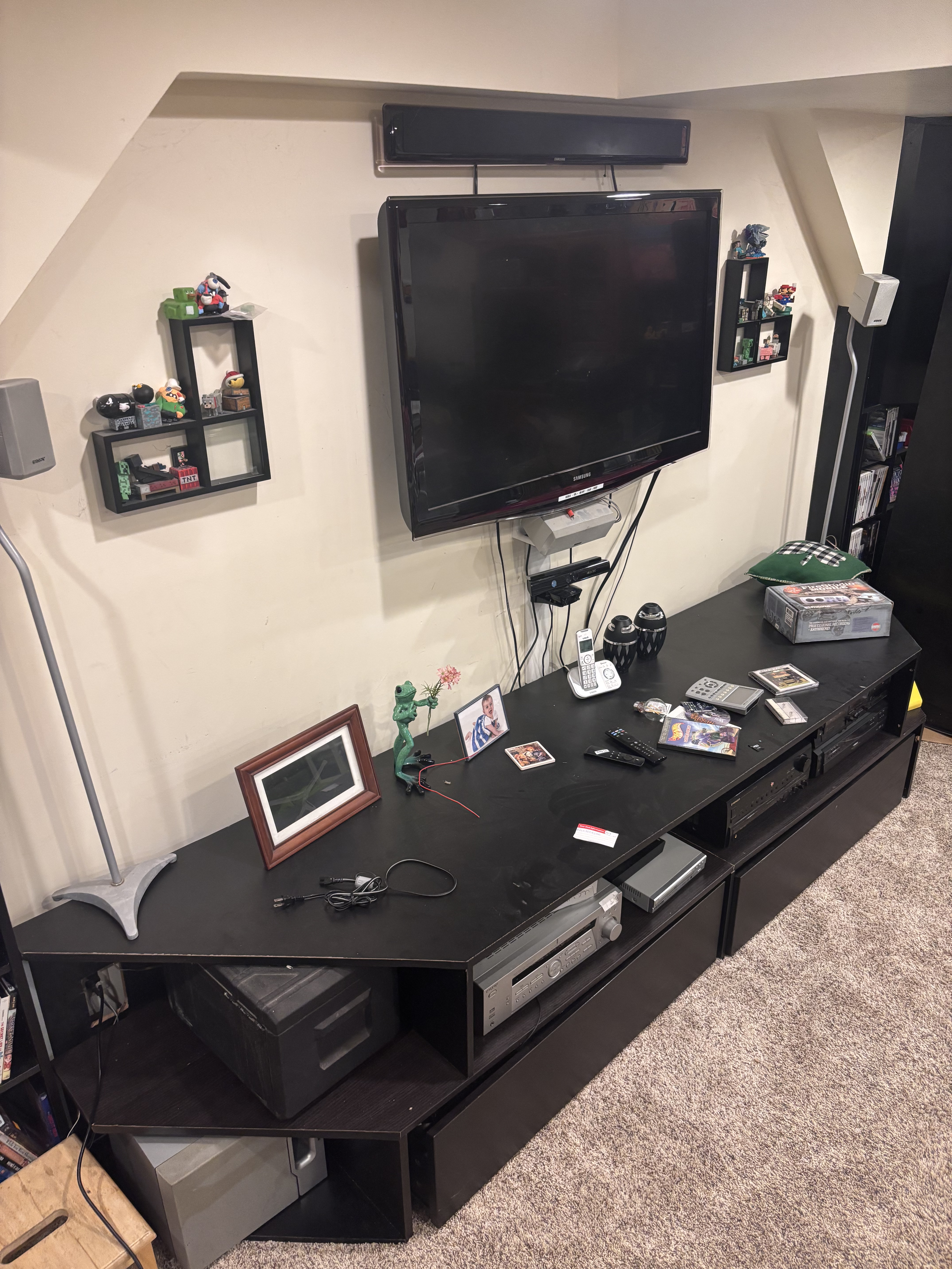 Corner view of completed basement entertainment center