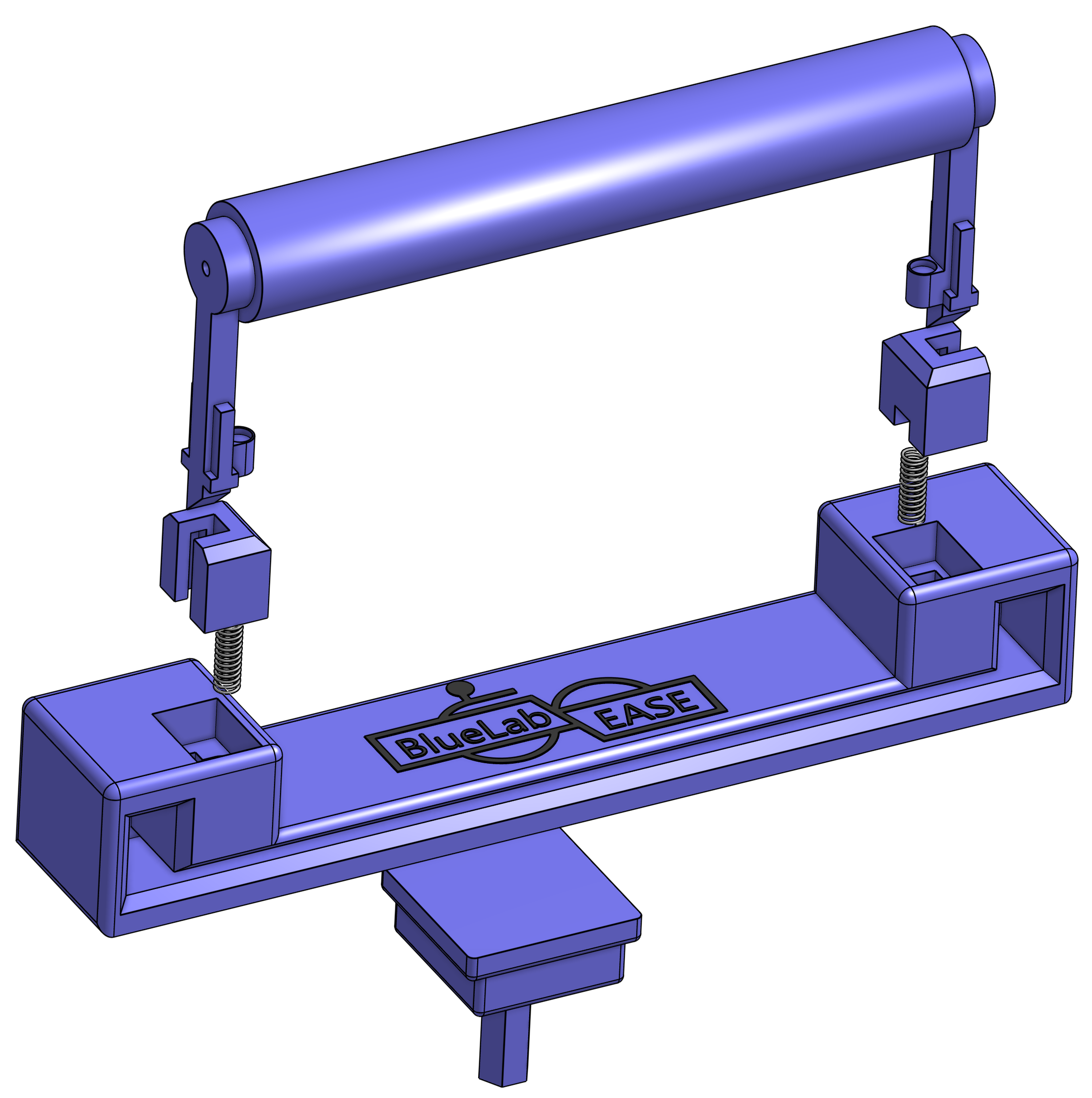 Exploded CAD rendering showing the spring and handle mechanism