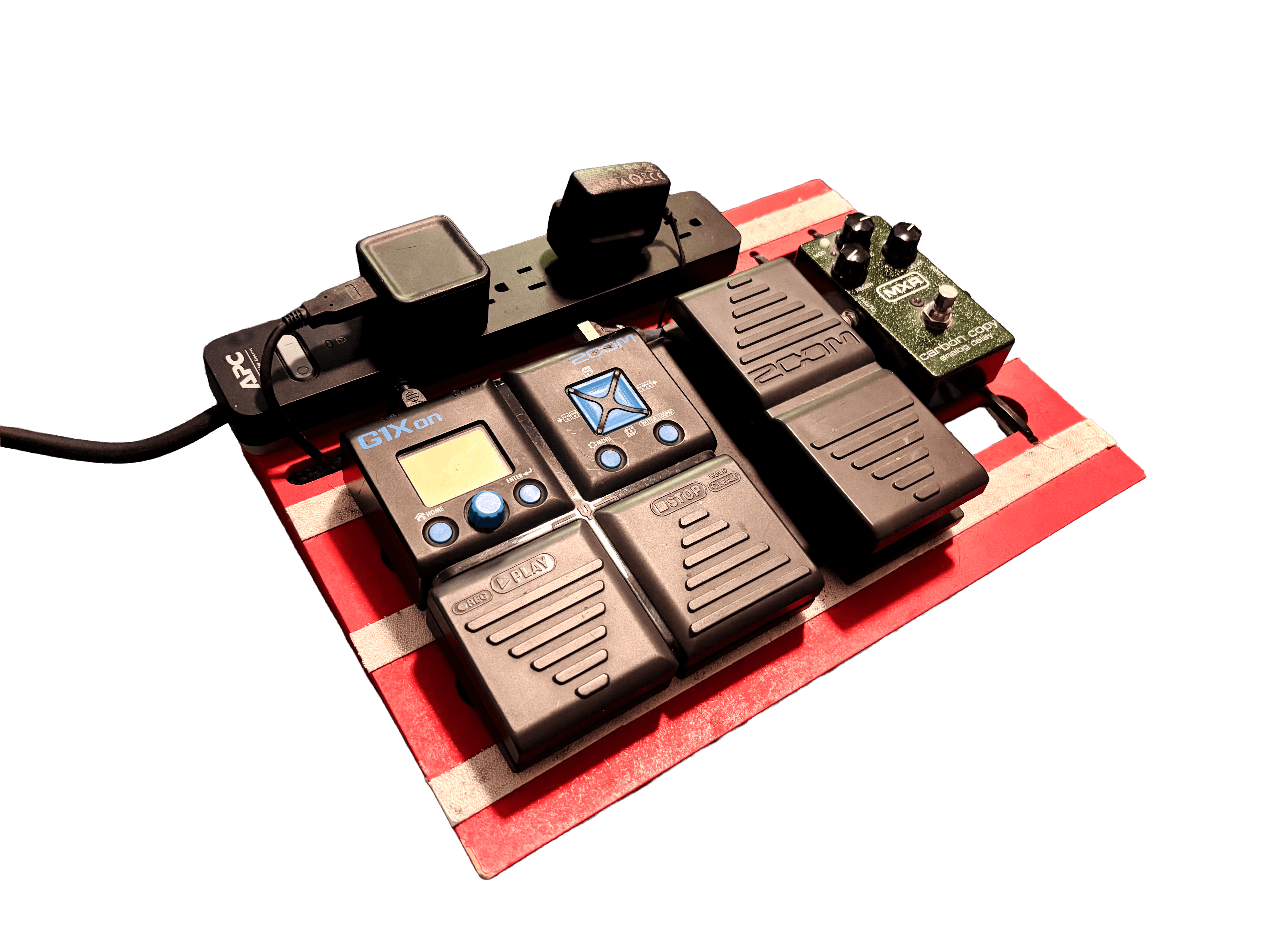 Front-left view of pedalboard with pedals attached