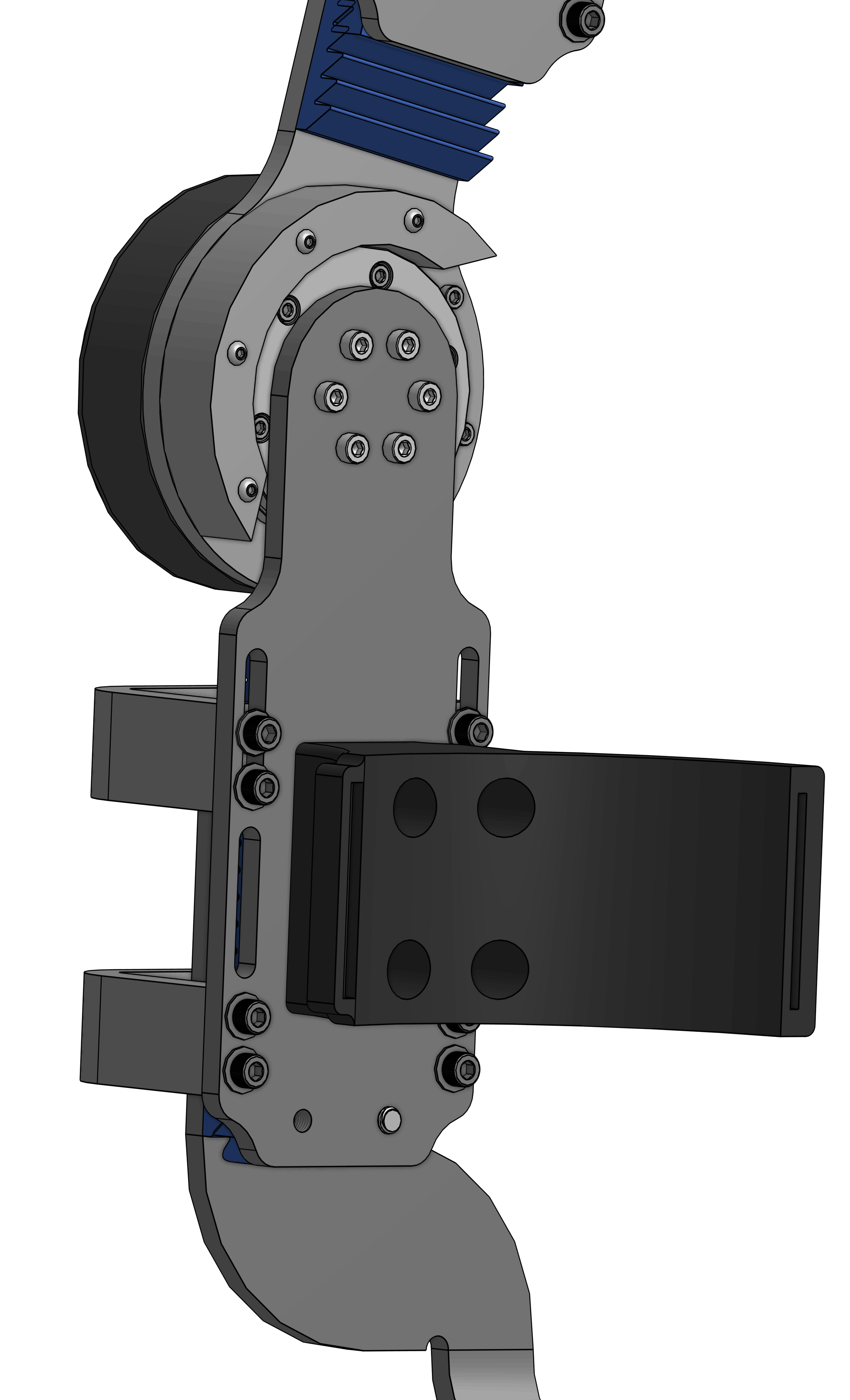 Inner knee CAD view showing flexible brace and motor hard stop